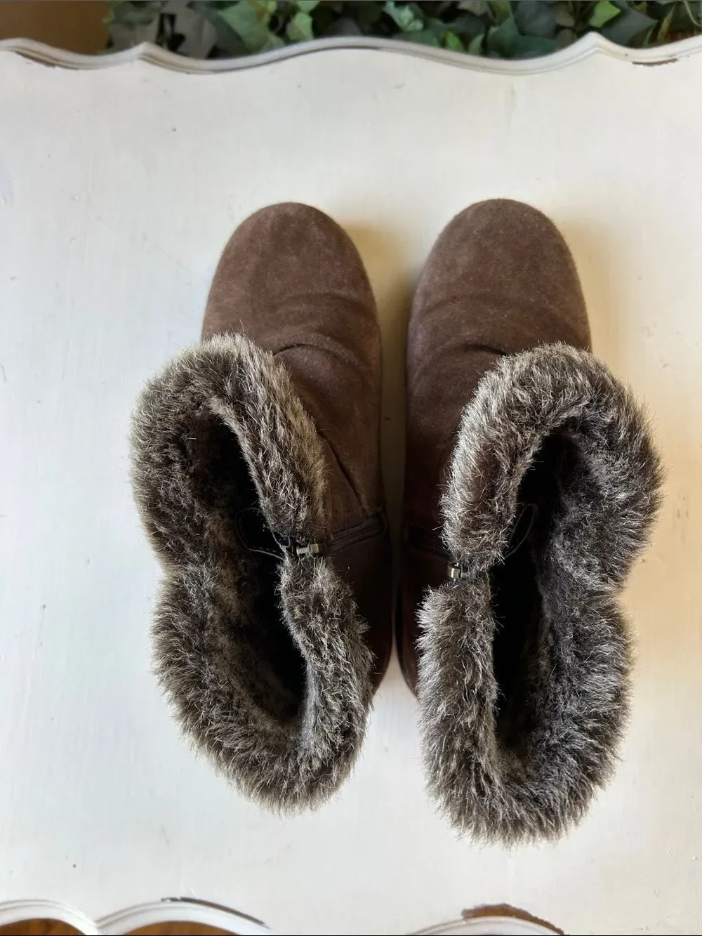 Khombu Brown Faux-Fur Trim Suede Winter Ankle Boots